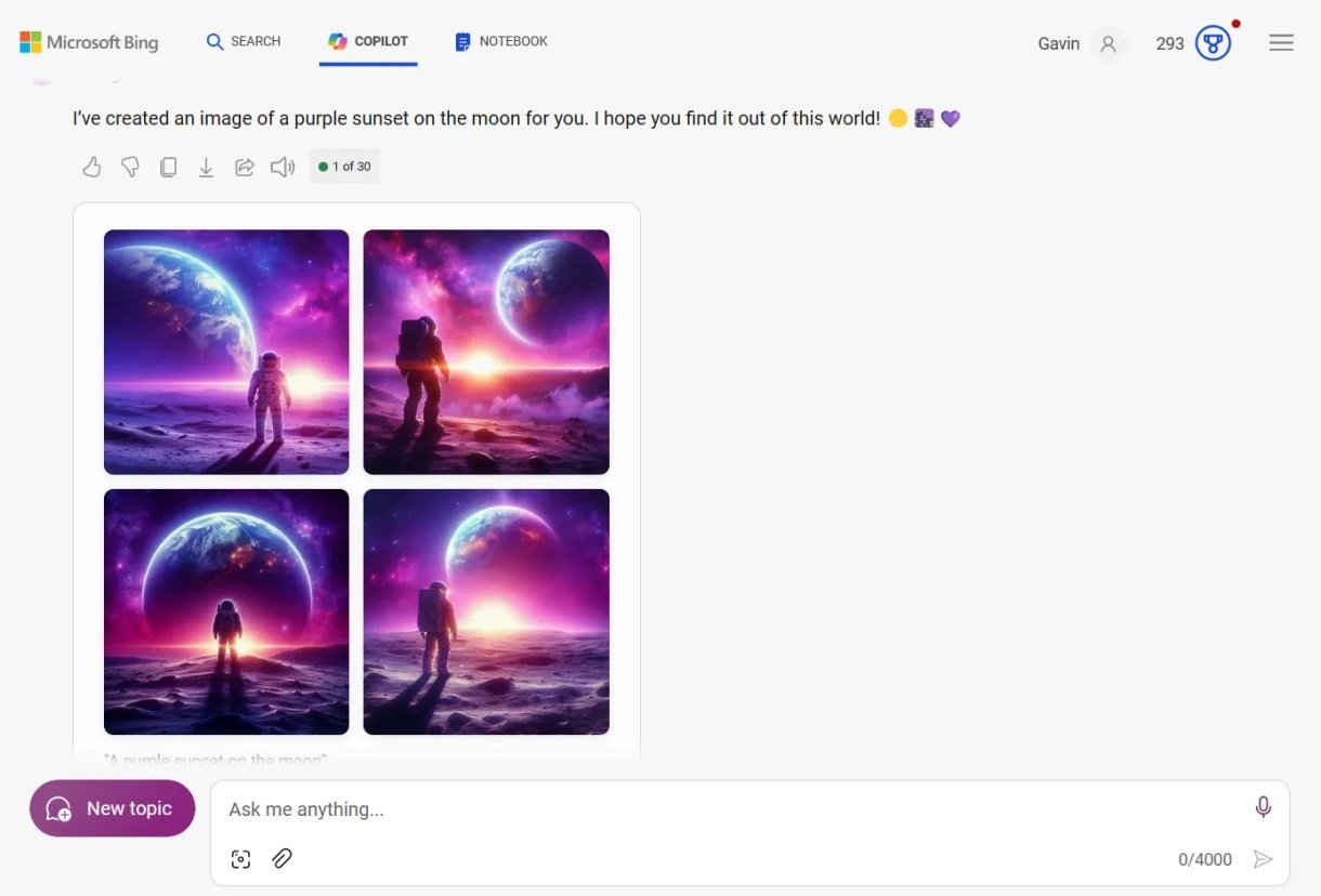 مثال لغروب الشمس الأرجواني على القمر في برنامج Microsoft Image Creator