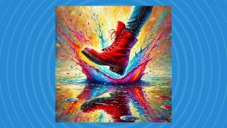 DALL-E 3 image of a red boot splashing in a puddle