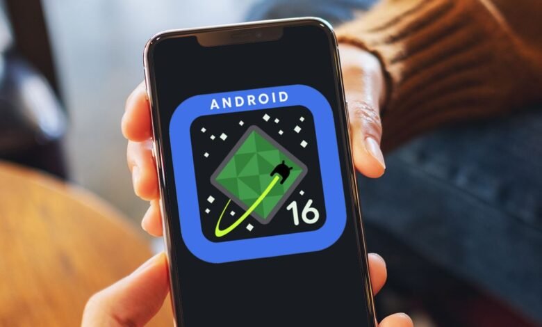 Android 16 logo on a phone