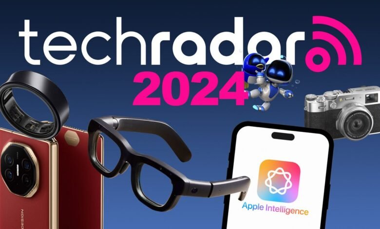 Huawei Mate XT, Sony's Astro Bot, Apple Intelligence logo, Meta Orion glasses, Samsung Galaxy Ring and Fujifilm X100 VI on a blue background below the words TechRadar 2024