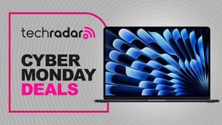 The M3 MacBook Air on a grey background with the text 'techradar cyber monday deals'